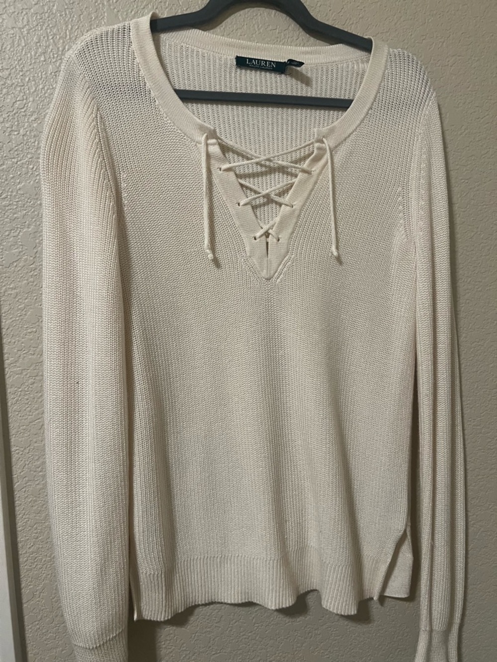 Lauren Ralph Lauren Cream Lace-Up Knit Top